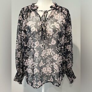 Eloquii Women’s Ruffle V-neck Tie Front Sheer Blouse Size 14 Long Sleeve Floral‎
